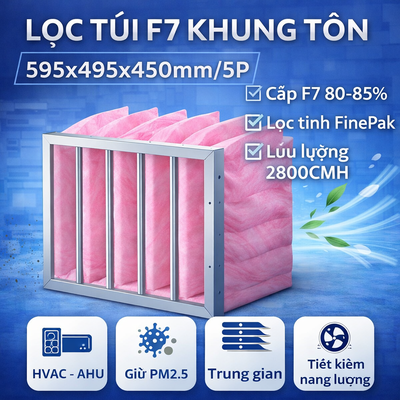 Lọc túi F7 khung tôn 595x495x450mm/5P