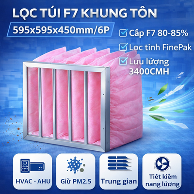 Lọc túi F7 khung tôn 595x595x450mm/6P