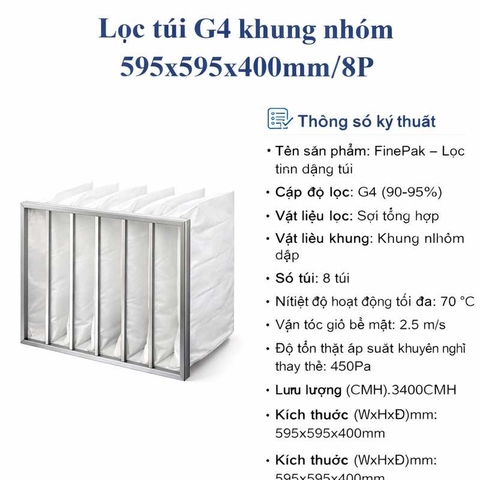 Lọc túi G4 khung nhôm 595x595x400mm/8P