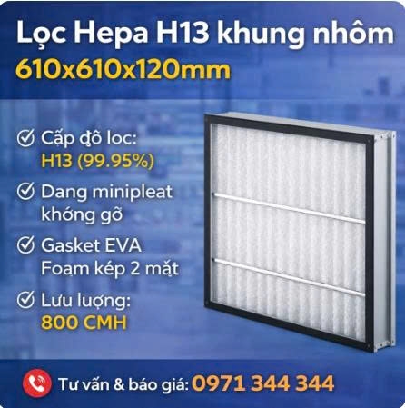 Lọc Hepa H13 khung nhôm 610x610x120mm