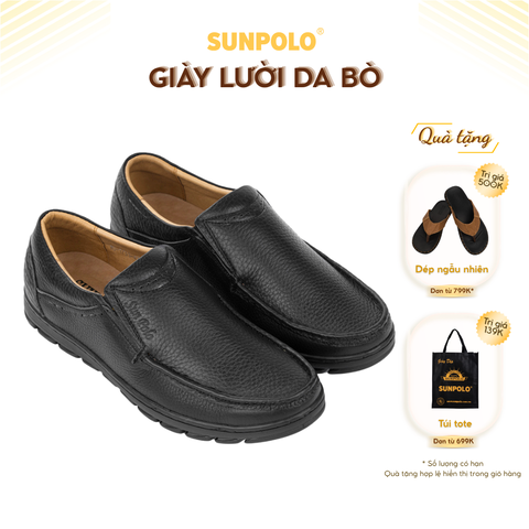 Giày lười MU1731 da bò đế cao su mũi tròn gồm 2 phiên bản màu Đen/Nâu