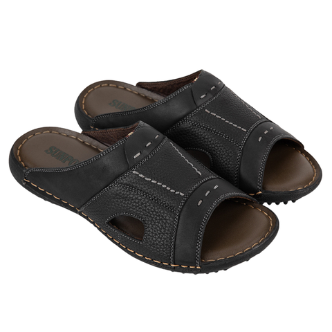 Dép quai ngang DQN031 da bò Đen/Nâu