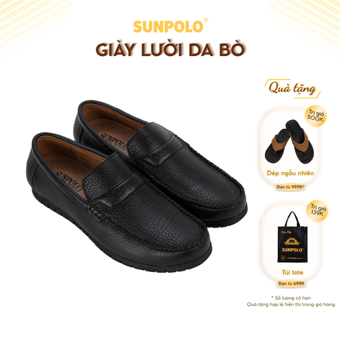 Giày Lười Nam Da Bò SUNPOLO Đen Nâu MU2589