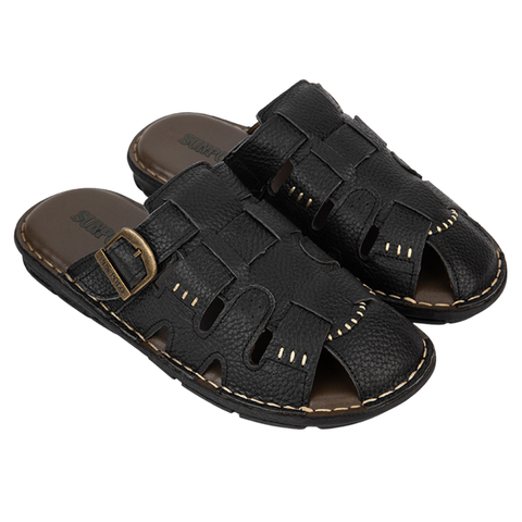 Dép bít mũi ABI011 da bò thoáng khí Đen/Nâu