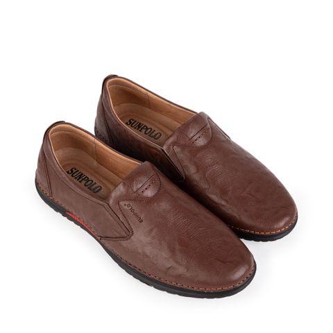 Giày lười CS5026 da bò đế cao su mũi tròn màu nâu