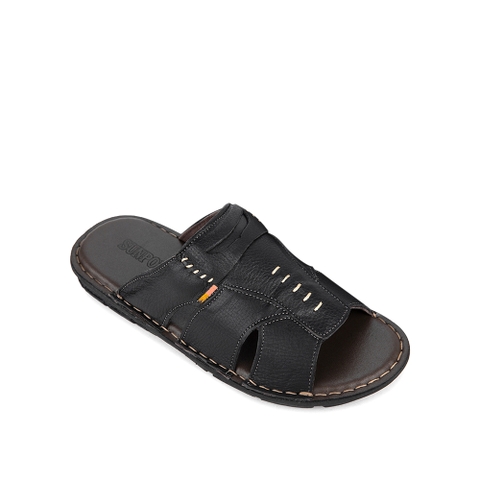 Dép quai ngang AQN009 da bò đế cao su êm chân Đen/Nâu