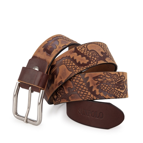 Dây nịt Nam Da Bò BSRC01 Họa Tiết Rồng SUNPOLO Khóa Kim Không Gỉ Nâu