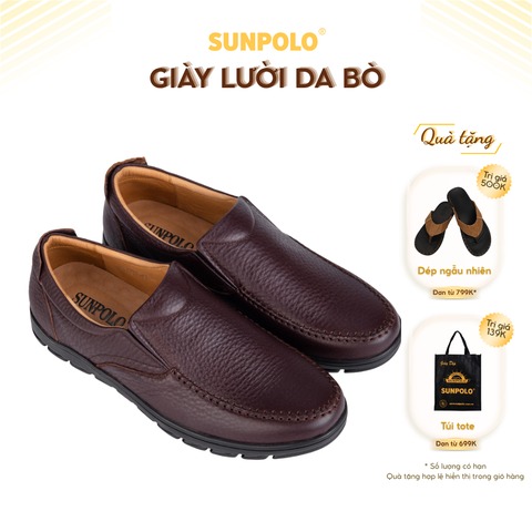 Giày lười MU1731 da bò đế cao su mũi tròn gồm 2 phiên bản màu Đen/Nâu
