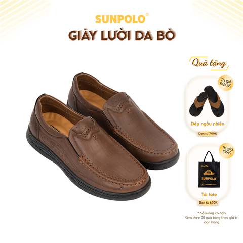 Giày lười CS5150 da bò đế cao su mũi tròn gồm 2 phiên bản màu Đen/Nâu