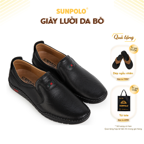 Giày lười CS5055 da bò đế cao su mũi tròn gồm 2 phiên bản màu Đen/Nâu