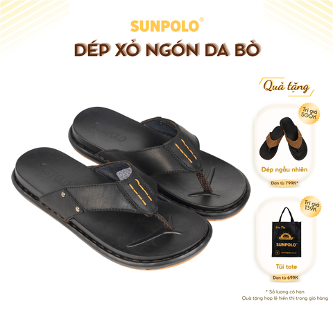 Dép xỏ ngón nam da bò SUNPOLO KEP288 đế cao su màu đen