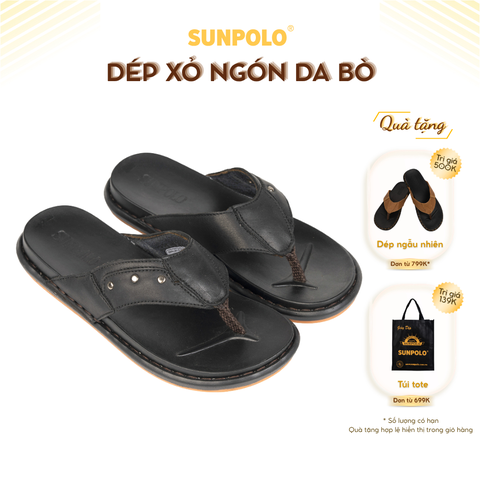 Dép xỏ ngón nam da bò SUNPOLO KEP033 đế cao su màu đen