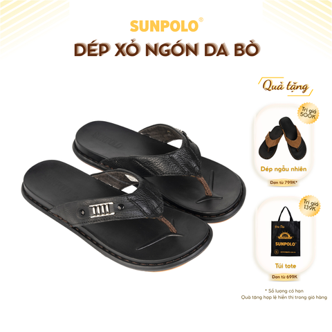 Dép xỏ ngón nam da bò SUNPOLO KEP028 đế cao su màu đen