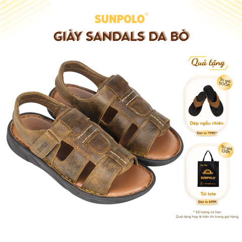 Xăng Đan Nam Da Bò Cao Cấp SUNPOLO Sandals SDF060 Đi Học, Đi Chơi