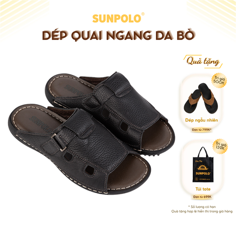 Dép quai ngang nam DQN003 da bò thoáng khí đế cao su Đen/Nâu