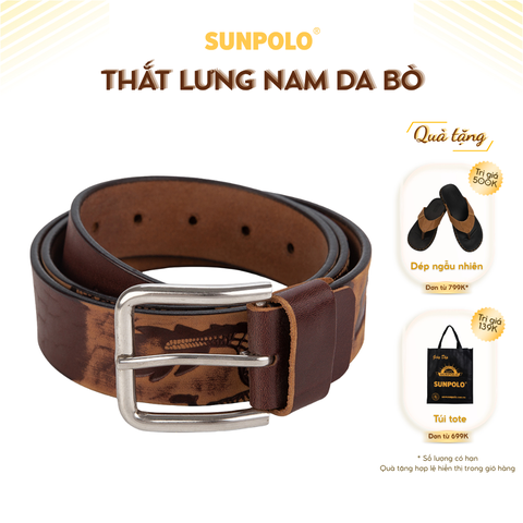 Dây nịt Nam Da Bò BSRC01 Họa Tiết Rồng SUNPOLO Khóa Kim Không Gỉ Nâu