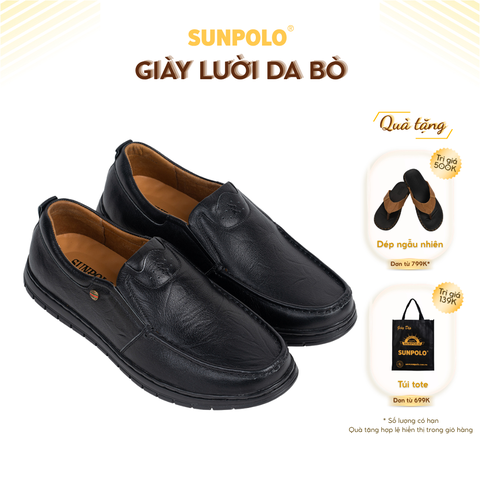 Giày lười nam CS5074 da bò đế cao su mũi tròn màu đen