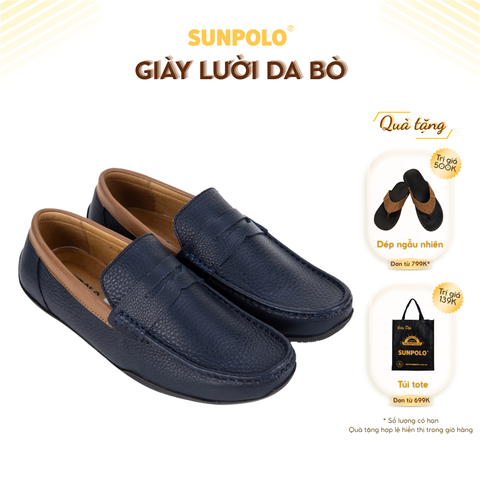 Giày lười MU2588 da bò vân hột mũi tròn 2 phiên bản màu Nâu/Navy