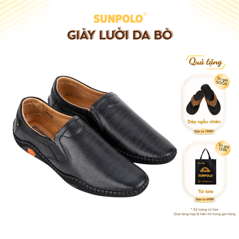 Giày lười nam SUS513 da bò đế cao su mũi tròn phiên bản màu đen