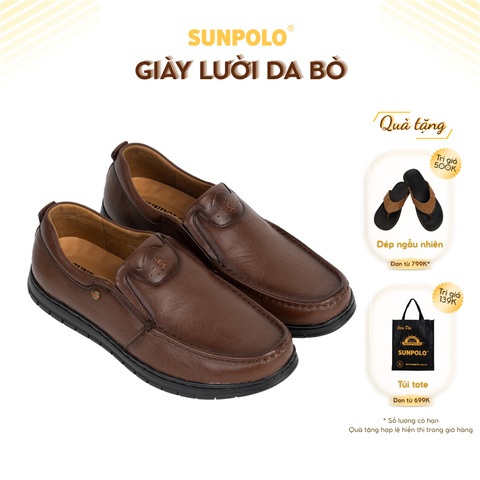 Giày lười CS5074 da bò đế cao su mũi mũi tròn màu nâu