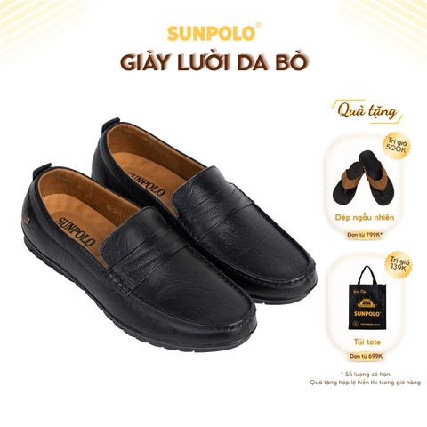 Giày lười CS5077 da bò đế cao su mũi tròn 2 phiên bản màu Đen/Nâu