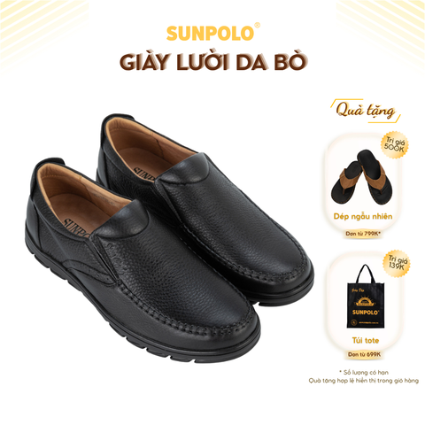Giày lười MU1732 da bò vân hột mũi tròn 2 phiên bàn màu Đen/Nâu