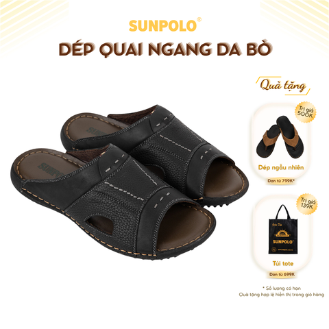 Dép quai ngang DQN031 da bò Đen/Nâu
