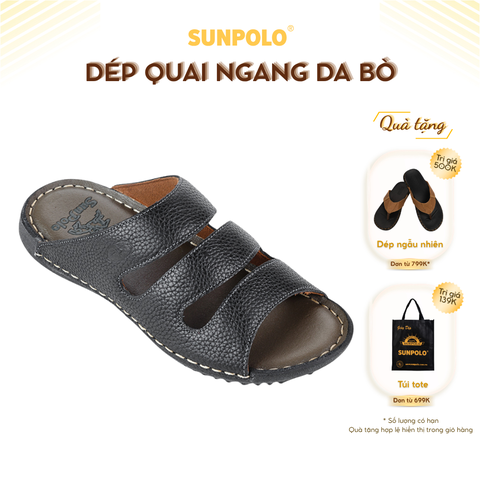 Dép Quai Ngang Nam DQN019 Da Bò SUNPOLO Đen Nâu