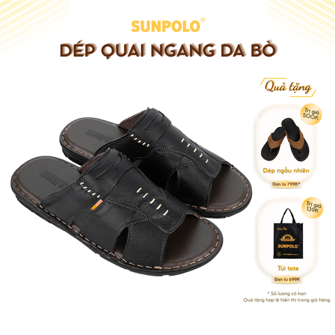 Dép quai ngang AQN009 da bò đế cao su êm chân Đen/Nâu
