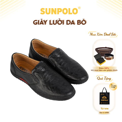 Giày Lười CS5026 da bò cao su mũi tròn màu đen