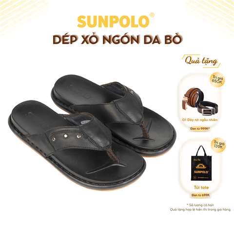 Dép xỏ ngón nam da bò SUNPOLO KEP033 đế cao su màu đen