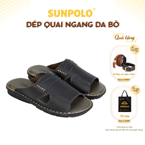 Dép Quai Ngang Nam AQN028 Da Bò SUNPOLO Đen