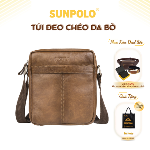 Túi đeo chéo nam da bò cao cấp SUNPOLO Nâu TUI223