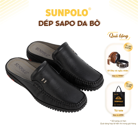 Dép sapo SPO322 da bò đế cao su mũi tròn gồm 2 phiên bản màu Đen/Nâu