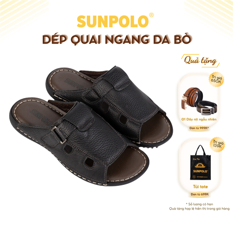 Dép quai ngang nam DQN003 da bò thoáng khí đế cao su Đen/Nâu