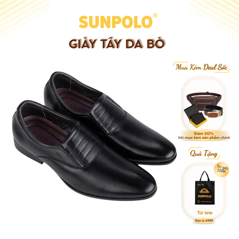 Giày tây nam SPH342 Da bò SUNPOLO giày công sở, đi tiệc đế cao 3cm