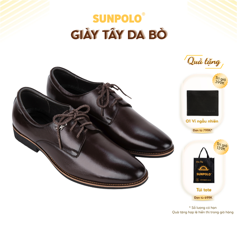 Giày tây nam SPH286 buộc dây da bò đế cao su mũi tròn Nâu/Bò