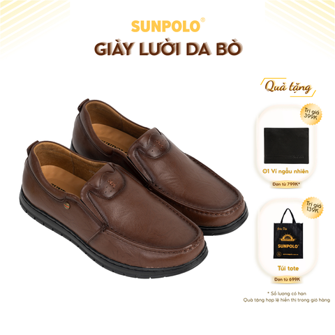 Giày lười CS5074 da bò đế cao su mũi mũi tròn màu nâu