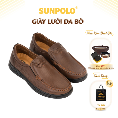 Giày lười CS5150 da bò đế cao su mũi tròn gồm 2 phiên bản màu Đen/Nâu