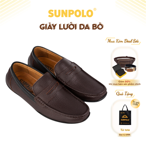 Giày lười MU2588 da bò vân hột mũi tròn 2 phiên bản màu Nâu/Navy