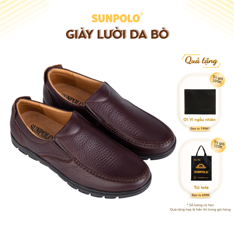 Giày lười MU1732 da bò vân hột mũi tròn 2 phiên bàn màu Đen/Nâu