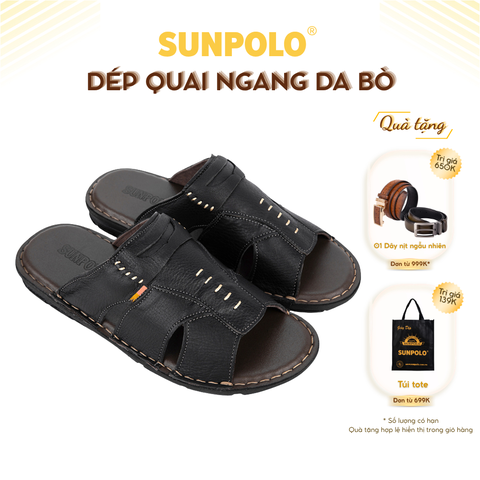 Dép quai ngang AQN009 da bò đế cao su êm chân Đen/Nâu