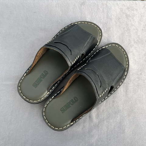 Dép Quai Ngang Nam AQN028 Da Bò SUNPOLO Đen