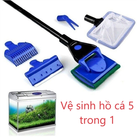 Bộ dụng cụ vệ sinh bể cá dọn rêu, cọ rửa, vợt cá, cào nền, cắt tỉa 5 chức năng trong 1