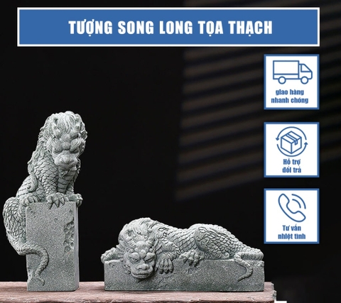 Tượng Song Long Tọa Thạch - Thạch Xanh Bàn Long Ngoạ Long Trang Trí Bể Cá, Bàn Làm Việc, Tiểu Cảnh, Tượng Lân Sư