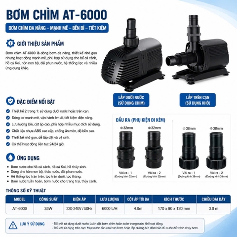 Máy Bơm Hồ Cá Atman AT3000 AT4000 AT5000 AT6000 2 Trong 1 Chính Hãng, Siêu Bền, Tiết Kiệm Điện
