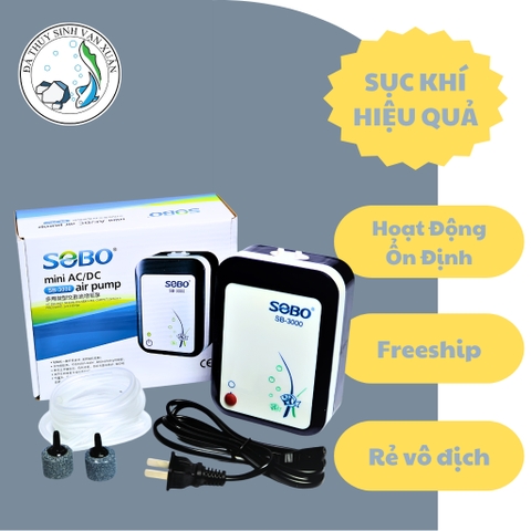 [TẶNG DÂY OXY & ĐÁ SỦI] Máy Sủi Oxy Tích Điện 2 Vòi SoBo SB3000 | Sục Oxy Tích Điện Cho bể Cá Cảnh