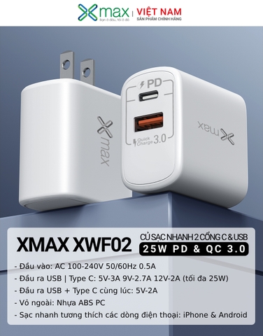 Sạc 2 Cổng Siêu Nhanh 25W PD25W+QC3.0 XMAX XWF02