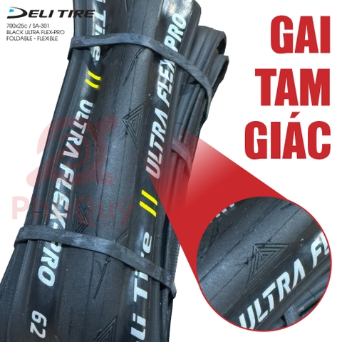 Vỏ Gấp Đen 700x25c Gai TAM GIÁC Deli Ultra Flex-Pro S-301