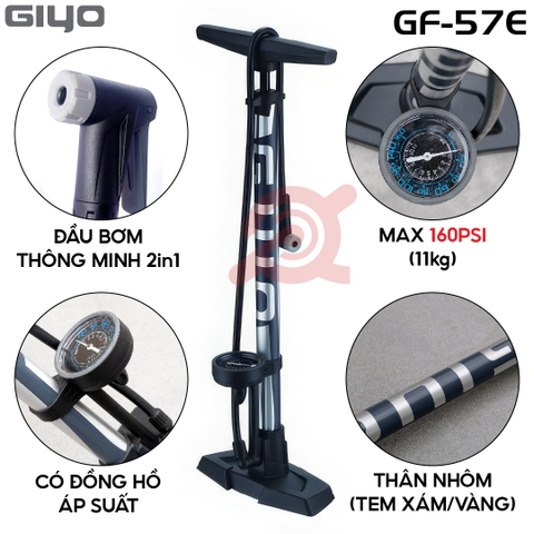 Bơm GIYO GF-57E Nhôm Có Đồng Hồ 160PSI Tem Vàng - Tem Xám Đầu Bơm 2in1
